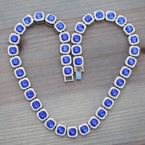 12.5mm Blue Square Halo Diamond Chain Rhinestones Necklace Silver Plated
